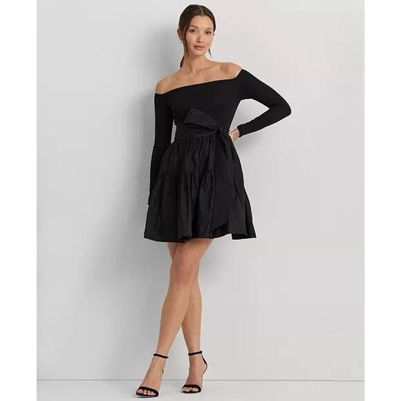 NWT Lauren Ralph Lauren Off Shoulder Dress Size 6 Taffeta Tiered Skirt Bow Belt - Picture 1 of 11